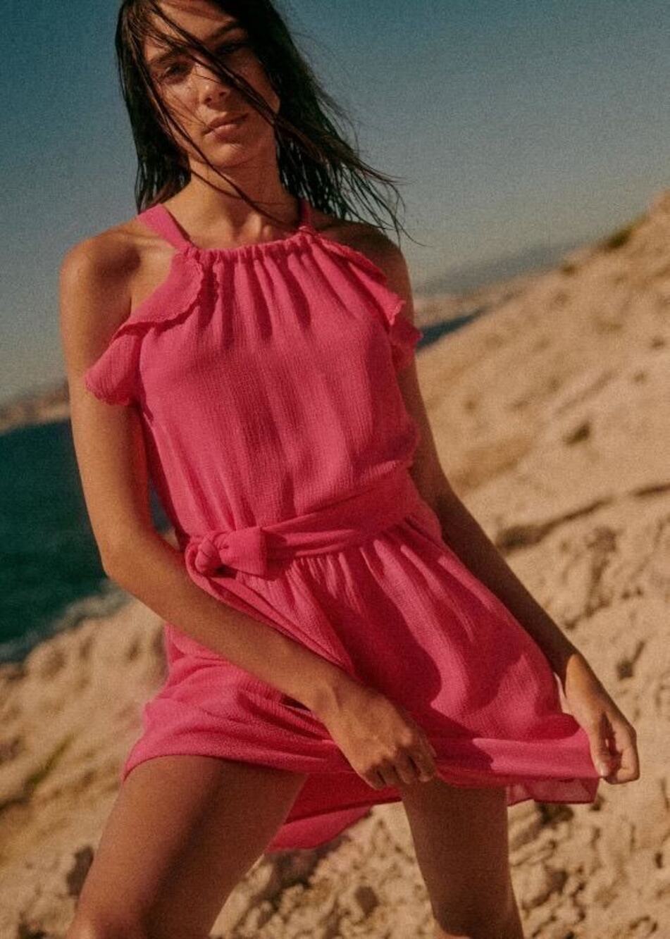 Sézane Nohola Fuchsia Pink Ruffle Halter Mini Dress Size 40
